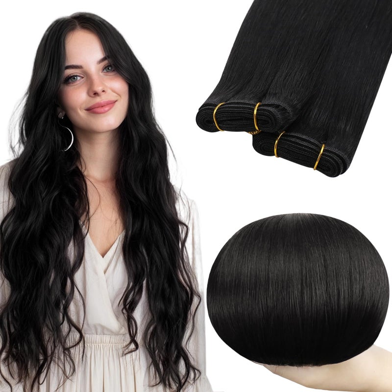 RUNATURE Weft Hair Extensions Black Sew in Human Hair Weft Extensions 14 Inch 100g Thick Weft Human Hair Extensions Jet Black Real Hair Silky Soft, No Shedding Sew in Extensions - Image 1